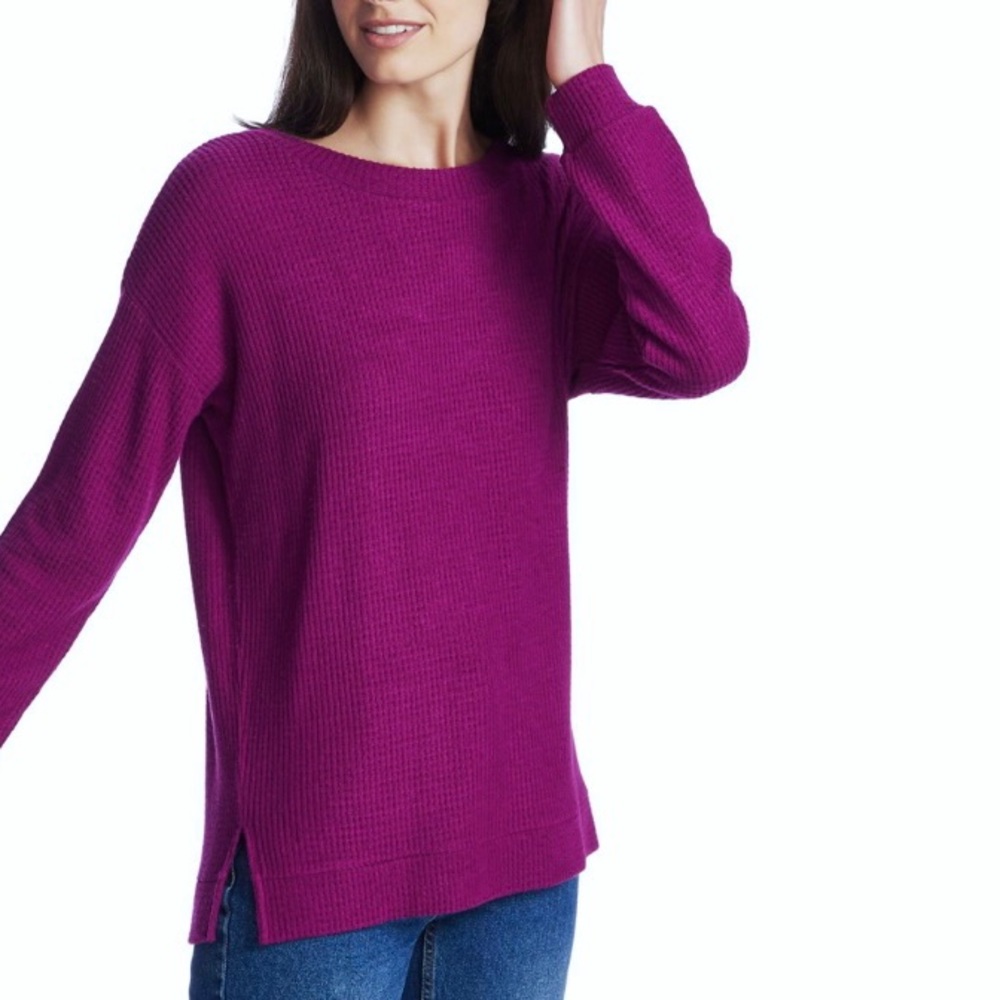 1. State Purple Magenta Waffle Knit Long Sleeve Cross Cross Back Sweater